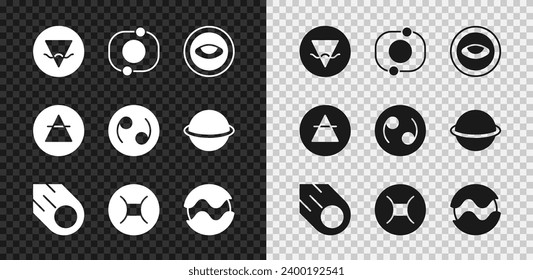 Set Earth element, Solar system, Medallion with eye, Comet, Gemini zodiac, Planet, Air and Cancer icon. Vector