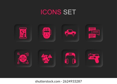 Set Earth with exclamation mark, Cryogenic capsules, Headphones, Speech bubble chat, Futuristic weapon, Fantastic flying car and Blockchain technology Bitcoin icon. Vector