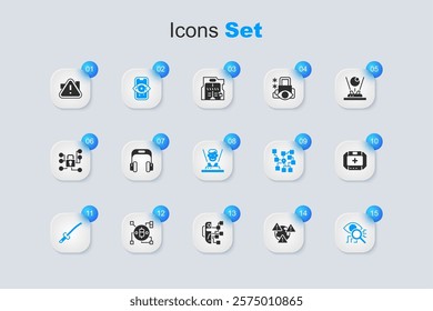 Set Earth with exclamation mark, Headphones, Computer vision, Katana, Eye scan, First aid kit, Exclamation in triangle and Hologram icon. Vector