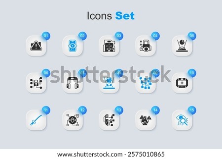 Set Earth with exclamation mark, Headphones, Computer vision, Katana, Eye scan, First aid kit, Exclamation in triangle and Hologram icon. Vector