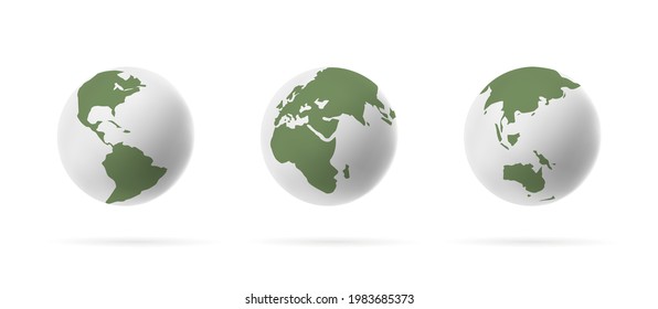 Set of Earth globe 3d icons isolated on light background, stylized white and green colors graphic, business infographics