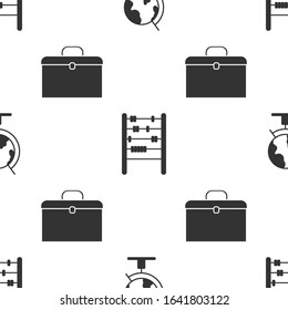 Set Earth globe, Abacus and Briefcase on seamless pattern. Vector