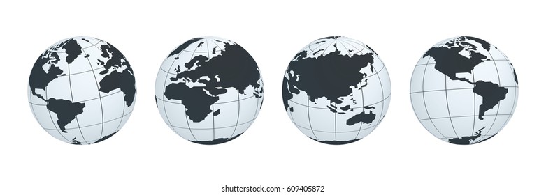 Set of Earth Globe with Abstract Black World Map on White Planet. Vector Illustration.