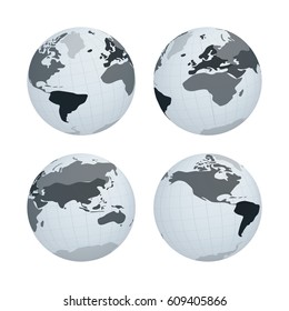 Set of Earth Globe with Abstract Monochrome World Map on White Planet. Vector Illustration.