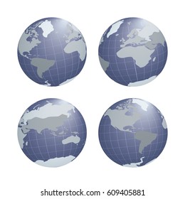 Set of Earth Globe with Abstract Monochrome World Map on Deep Blue Planet. Vector Illustration.