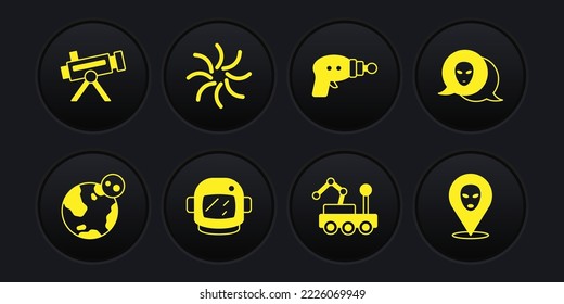 Fijar globo terrestre, alienígena, casco astronauta, rover de Marte, pistola Ray, agujero negro e icono del telescopio. Vector