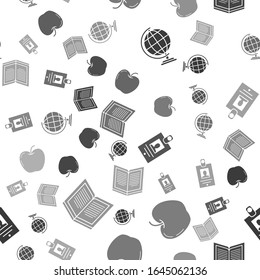Set Earth globe, Apple, Identification badge and Open book on seamless pattern. Vector