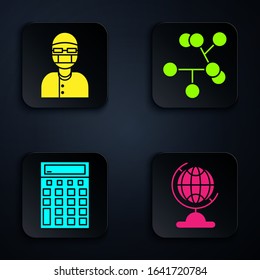 Set Earth globe, Assistant, Calculator and Molecule. Black square button. Vector