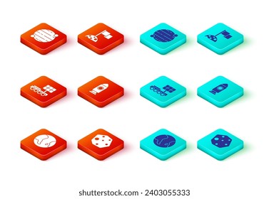 Set Earth globe, Asteroid, Mars rover, Rocket ship, Moon with flag and Planet icon. Vector
