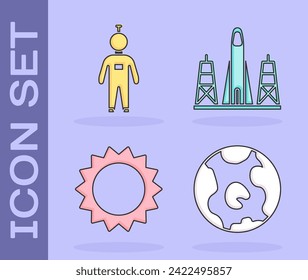 Set Earth globe, Astronaut, Sun and Rocket launch from the spaceport icon. Vector