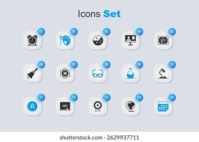 Set Earth globe, Atom, Paint brush with palette, Exam sheet plus grade, School timetable, Table lamp, Alarm clock and Glasses icon. Vector