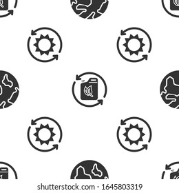 Set Earth globe, Bio fuel canister and Solar energy panel on seamless pattern. Vector