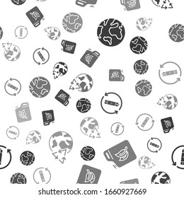 Set Earth globe, Bio fuel canister, Battery with recycle symbol line and Planet earth and a recycling on seamless pattern. Vector