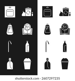 Set Earth globe and book, Bottle for dishwashing liquid, Battery pack, Recycle bin with recycle, Drinking plastic straw, Lotion cosmetic tube, Paper glass water and of soap icon. Vector