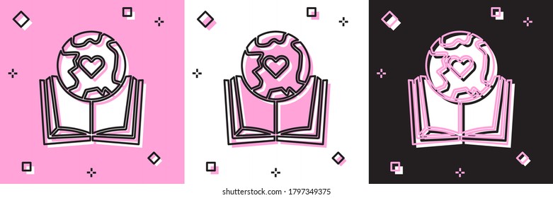 Establece el globo terrestre y el icono del libro aislado en fondo rosa y blanco, negro. Signo mundial o terrestre. Símbolo global de internet. Formas geométricas. Ilustración vectorial