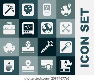 Set Earth globe and book, Shovel, Archeology, Seismograph, Briefcase, Pickaxe and  icon. Vector