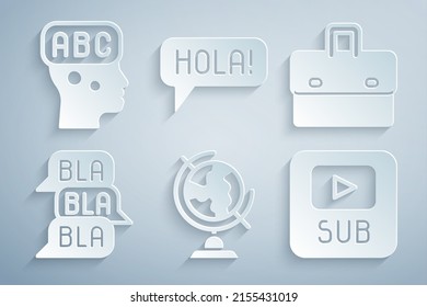 Set Earth globe, Briefcase, Speech bubble chat, Video with subtitles, Hola in different languages and Learning foreign icon. Vector