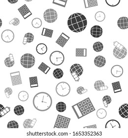 Set Earth globe, Calculator, Battery charge level indicator with earth globe and Clock on seamless pattern. Vector
