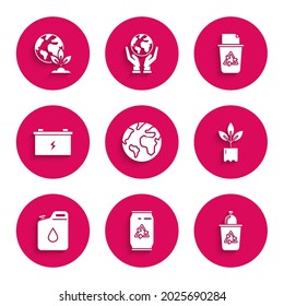 Set Earth globe, Can with recycle symbol and can, Recycle bin, Plant bottle, Canister for gasoline, Car battery,  and plant icon. Vector