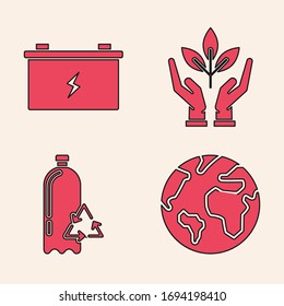 Coloque el globo terrestre, la batería de Camión, Planta en mano de protección medioambiental y el icono de botellas plásticas recicladas. Vector
