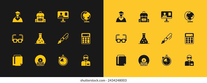 Set Earth globe, CD or DVD disk, Fountain pen nib, Stopwatch, Test tube, Online class, Graduate and graduation cap and School backpack icon. Vector