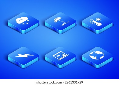 Set Earth globe, Cloud with snow, Weather forecast, Lightning bolt, Sun protective umbrella beach and Meteorology thermometer icon. Vector