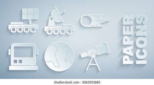 Set Earth globe, Comet falling down fast, Astronaut helmet, Telescope, Mars rover and  icon. Vector