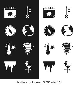 Set Earth globe, Compass, Calendar and sun, Meteorology thermometer, Tornado, Rooster weather vane and Icicle icon. Vector