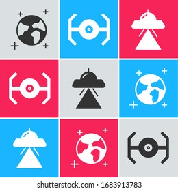 Set Earth globe, Cosmic ship and UFO flying spaceship icon. Vector