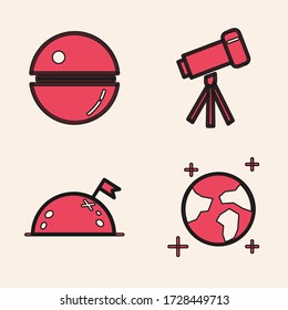 Fijar globo terrestre, estrella de la muerte, telescopio y planeta con icono de bandera. Vector