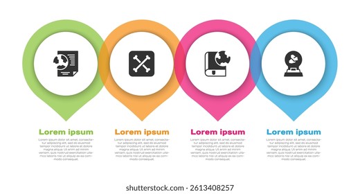 Set Earth globe with document, Archeology, and book and Exhibition minerals, rocks. Business infographic template. Vector