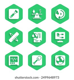 Set Earth globe with document, Shovel, Soil analysis, Seismograph, Crossed ruler and pencil, core structure crust and Paint brush icon. Vector