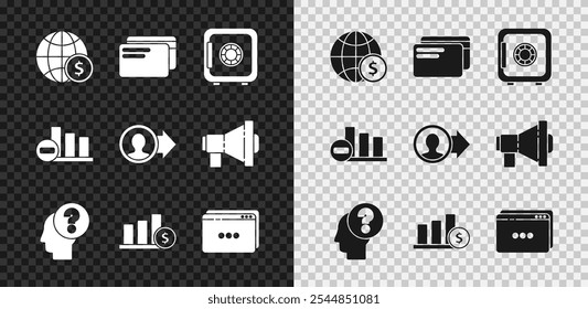 Establecer globo terráqueo con dólar, tarjeta de crédito, seguro, signo de interrogación de cabeza humana, infografía y gráfico circular, Plantilla de Sitio web e ícono de promoción de empleo. Vector