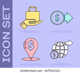 Set Earth globe with dollar, Hand and paper shopping bag, Cash location pin and Coin money with dollar symbol icon. Vector