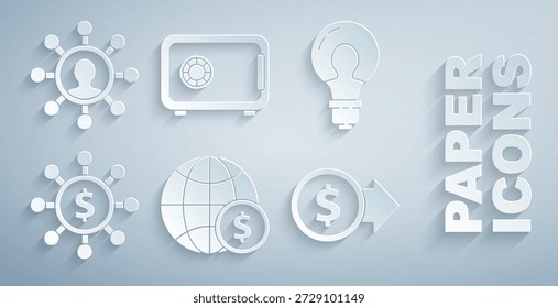 Establecer globo de la tierra con el dólar, concepto de la bombilla de la idea, dólar, compartir, red, moneda, seguro y negocio y icono de comunicación. Vector