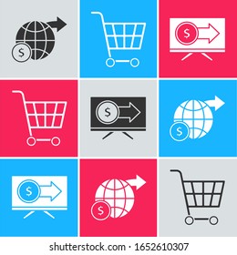Coloque el globo terrestre con el dólar, el carro de compra y el monitor con el icono del dólar. Vector