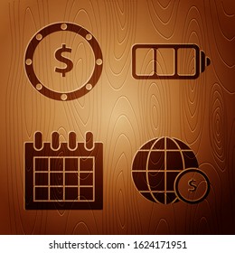 Set Earth globe with dollar symbol, Coin money with dollar symbol, Calendar and Battery charge level indicator on wooden background. Vector