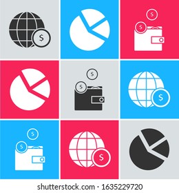 Set Earth globe with dollar symbol, Pie chart infographic and Wallet with coins icon. Vector