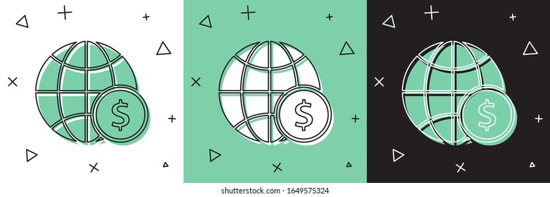 Coloque el globo terrestre con un icono de símbolo del dólar aislado en fondo blanco y verde y negro. Signo mundial o terrestre. Símbolo global de internet. Formas geométricas.  Ilustración vectorial