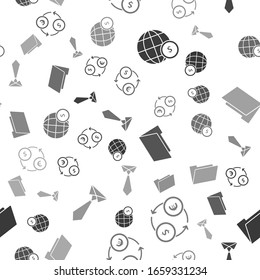 Set Earth globe with dollar symbol, Money exchange, Document folder and Tie on seamless pattern. Vector