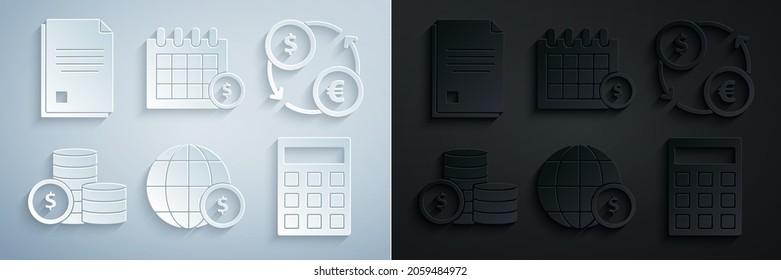 Setzen Sie die Erdkugel mit Dollar Symbol, Geldbörse, Münzgeld, Rechner, Finanzkalender und Dateidokument Symbol. Vektorgrafik