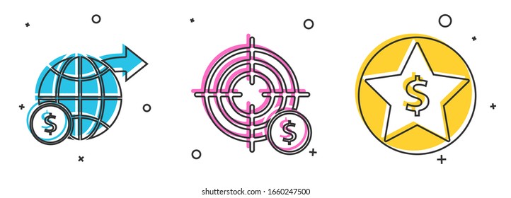 Set Earth globe with dollar, Target with dollar symbol and Star and dollar icon. Vector