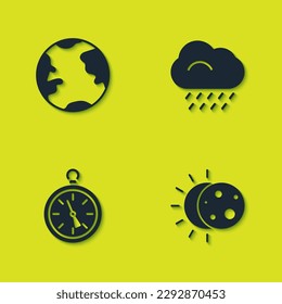 Set Earth globe, Eclipse of the sun, Compass and Cloud with rain icon. Vector