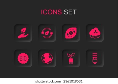 Set Earth globe, Electric saving plug in leaf, Leaf hand, Acid rain radioactive cloud, LED light bulb, Water energy and Banner for bio icon. Vector