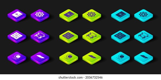 Fijar globo terrestre, borrador o goma, calculadora, bus escolar, átomo y icono de bloc de notas espiral. Vector