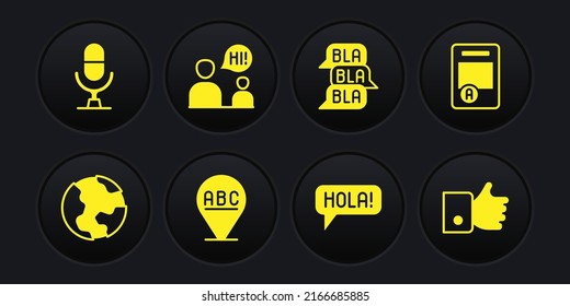 Set Earth globe, Exam sheet with A plus grade, Alphabet, Hola in different languages, Speech bubble chat, Two sitting men talking, Hand like and Microphone voice device icon. Vector