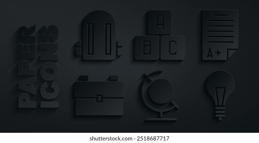 Set Earth globe, Exam sheet with A plus grade, School backpack, Light bulb concept of idea, ABC blocks and  icon. Vector