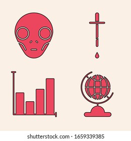 Set Earth globe, Extraterrestrial alien face, Pipette and Pie chart infographic icon. Vector