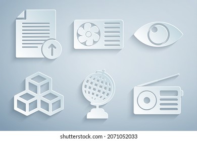 Set Earth globe, Eye, Isometric cube, Radio, Air conditioner and Upload file icon. Vector