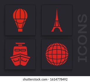 Set Earth globe, Hot air balloon, Eiffel tower and Ship icon. Vector